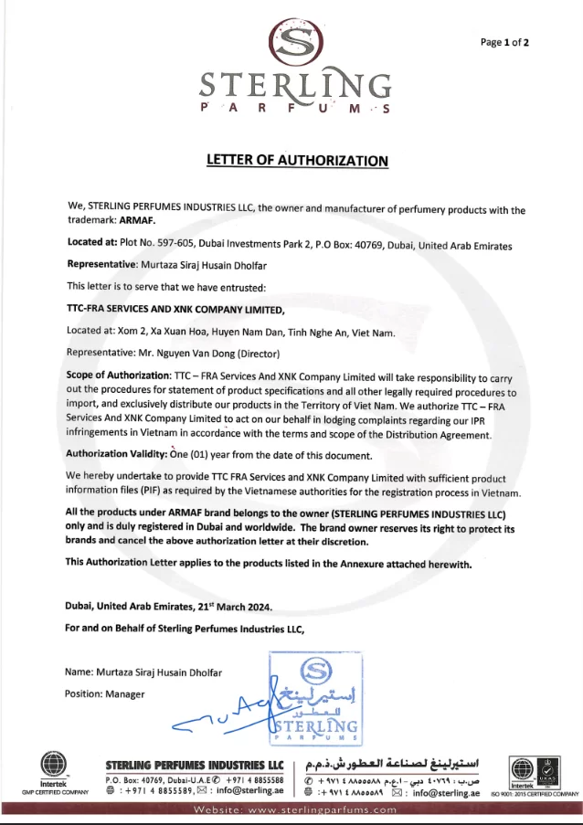 Uỷ quyền Armaf tại Việt Nam (trang 1)