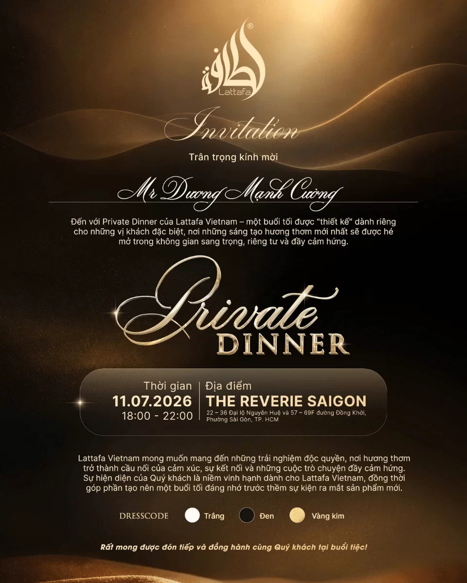 Thư mời Apa Niche tham dự Private Dinner từ Lattafa Vietnam